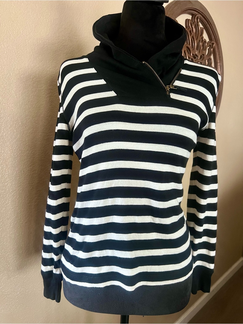 Ralph Lauren Black and White Striped Cowl Neck Sweater